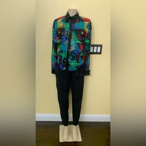 VTG MESMERIZE By Kam Kam Size Small 2pc Multicolored Top & Black Pants Set